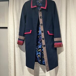 Boden Limited Edition Cashmere Wool Blend Navy Pea Coat with Pink Accents